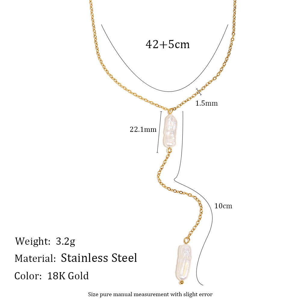 Minimalist Geometric Stainless Steel Plated 18K Gold Long Pearl Tassel Necklace for Women