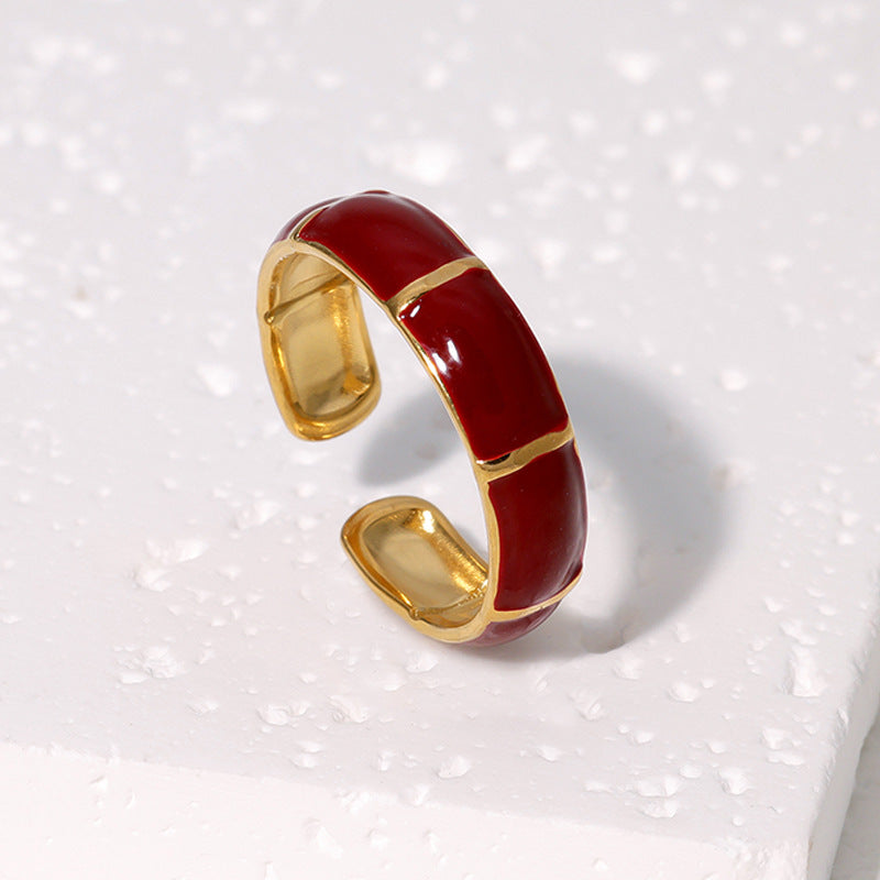 Vintage French-Style Geometric Stainless Steel Adjustable Open Ring for Women with Polished Finish and Heart-Eye Motif