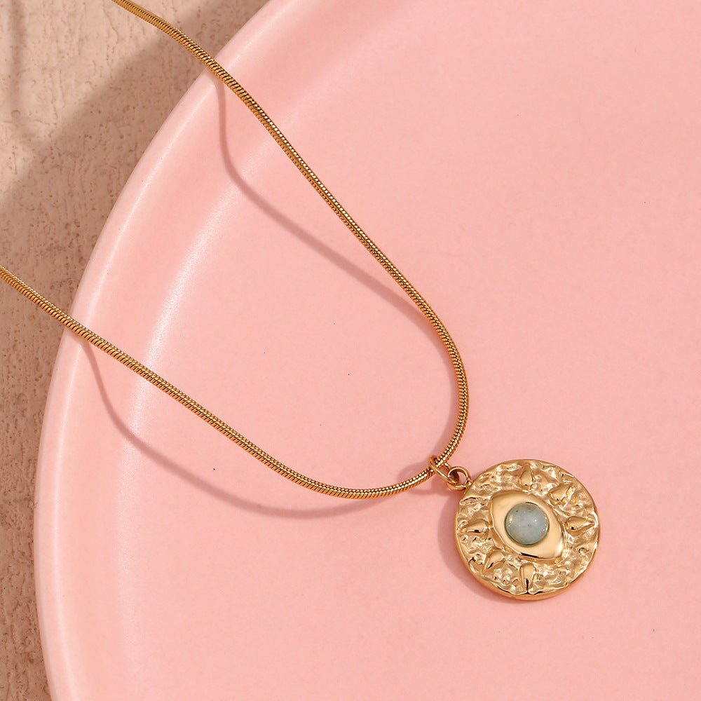 Minimalist Geometric Stainless Steel Plated 18K Gold Snake Chain Pendant with Turquoise Stone and Hammered Texture
