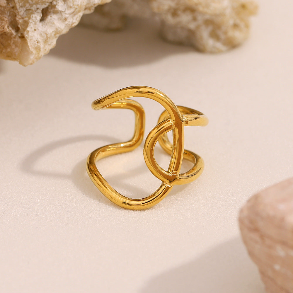 Minimalist Geometric Stainless Steel Ring with 18K Gold Plating, Adjustable Knot-Design Band for Women