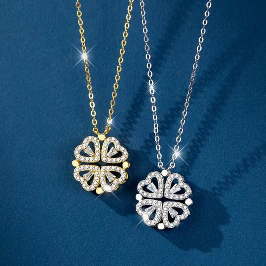 Minimalist Heart-Shaped Four-Leaf Clover Pendant Necklace for Women with Copper Base and Real Gold Plating