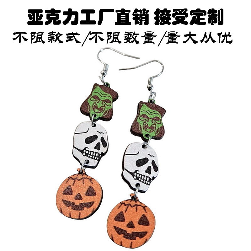 Pendientes de madera exagerados de Halloween con diseño de calavera fantasma y calabaza de dibujos animados para mujer