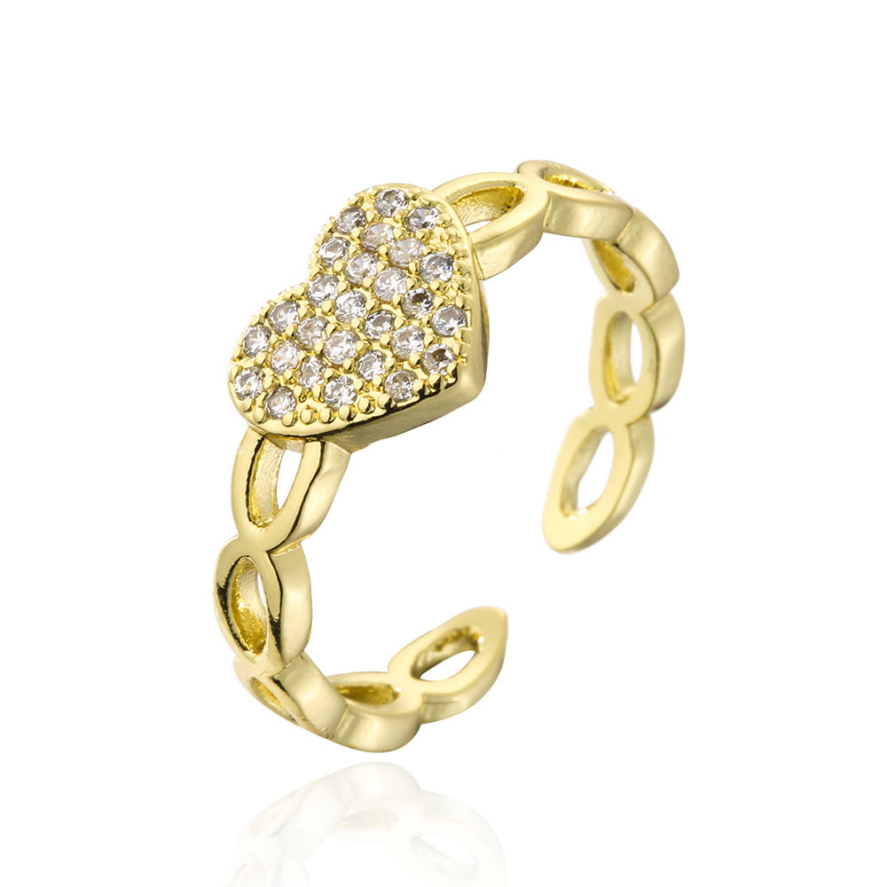Anello Aperto Geometrico Stile INS da Donna Realizzato in Rame con Placcatura in Oro 18K e Zirconi Micro-Incastonati