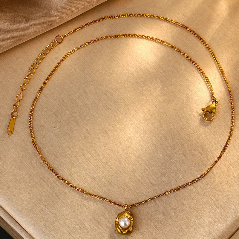 Elegant 18K Gold Plated Stainless Steel Round Pearl Necklace Set for Women