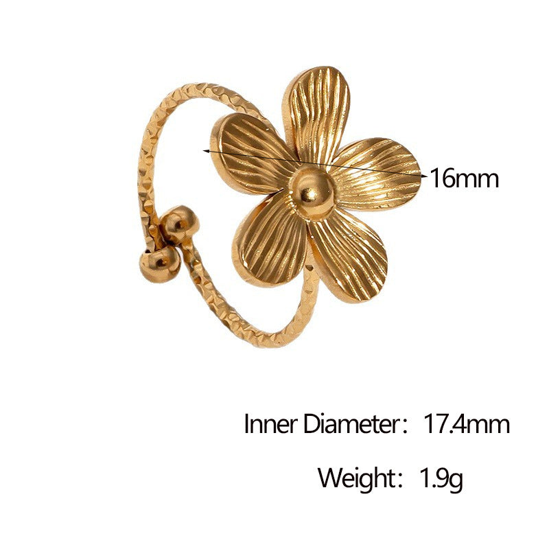 Anello Aperto da Donna Minimalista in Stile Francese con Fiori in Acciaio Inox Placcato Oro 18K