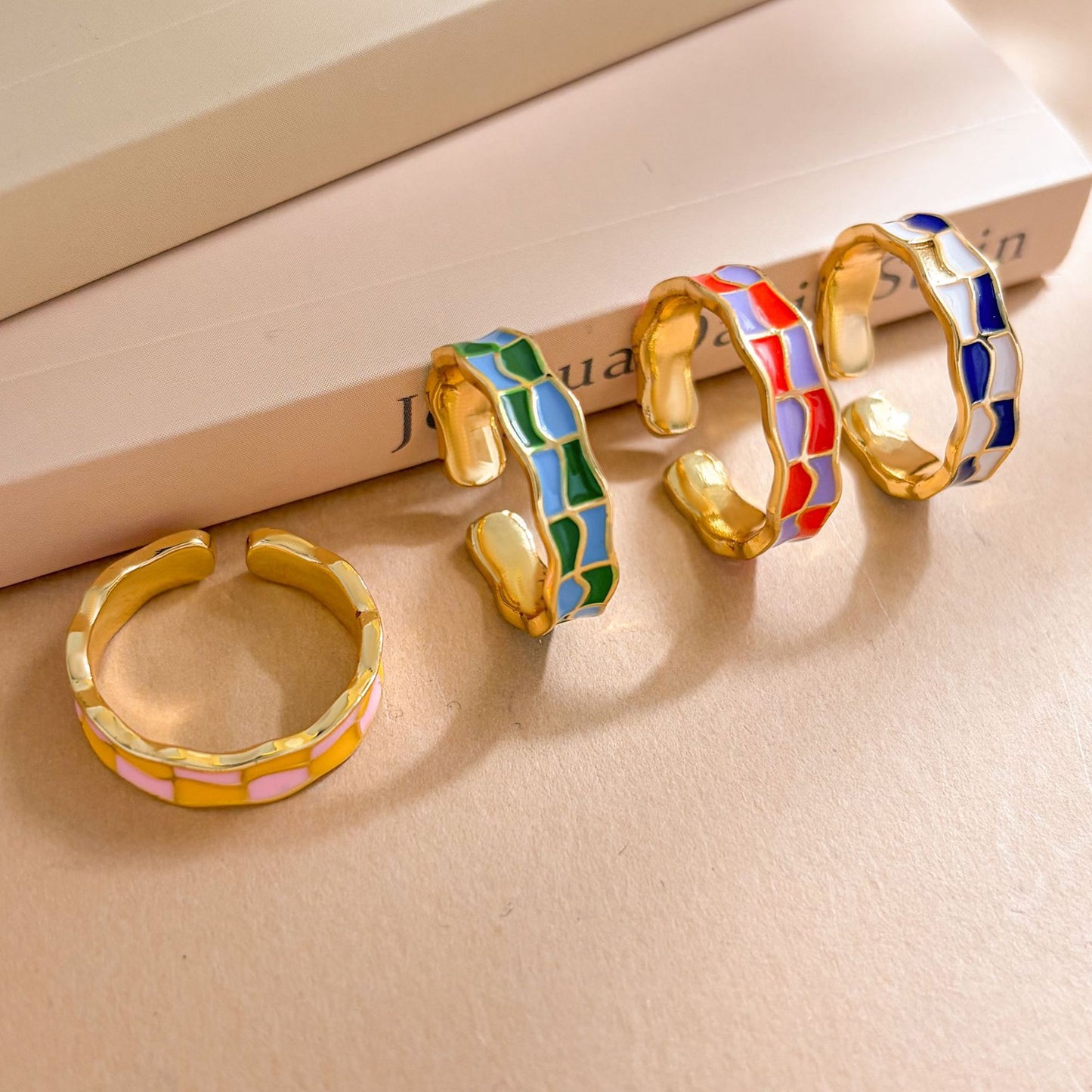 Sweet Checkered Enamel Gold Plated Brass Geometric Open Ring for Women