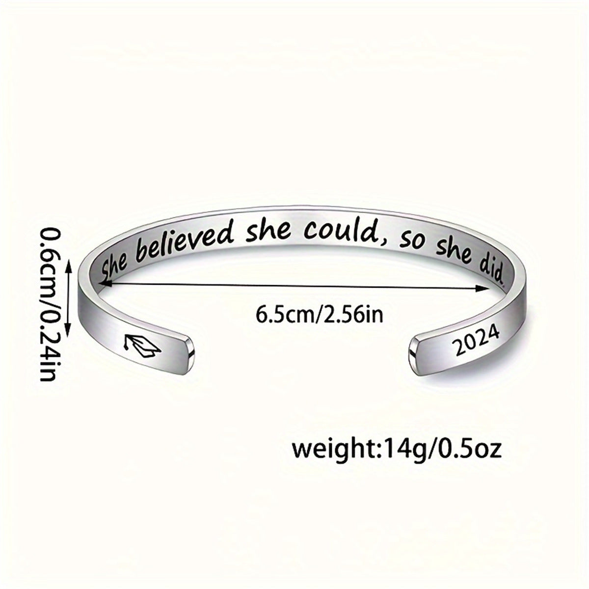 Adjustable C-Shaped Stainless Steel Engraved Bracelet with Inspirational Message, Minimalist Geometric Design