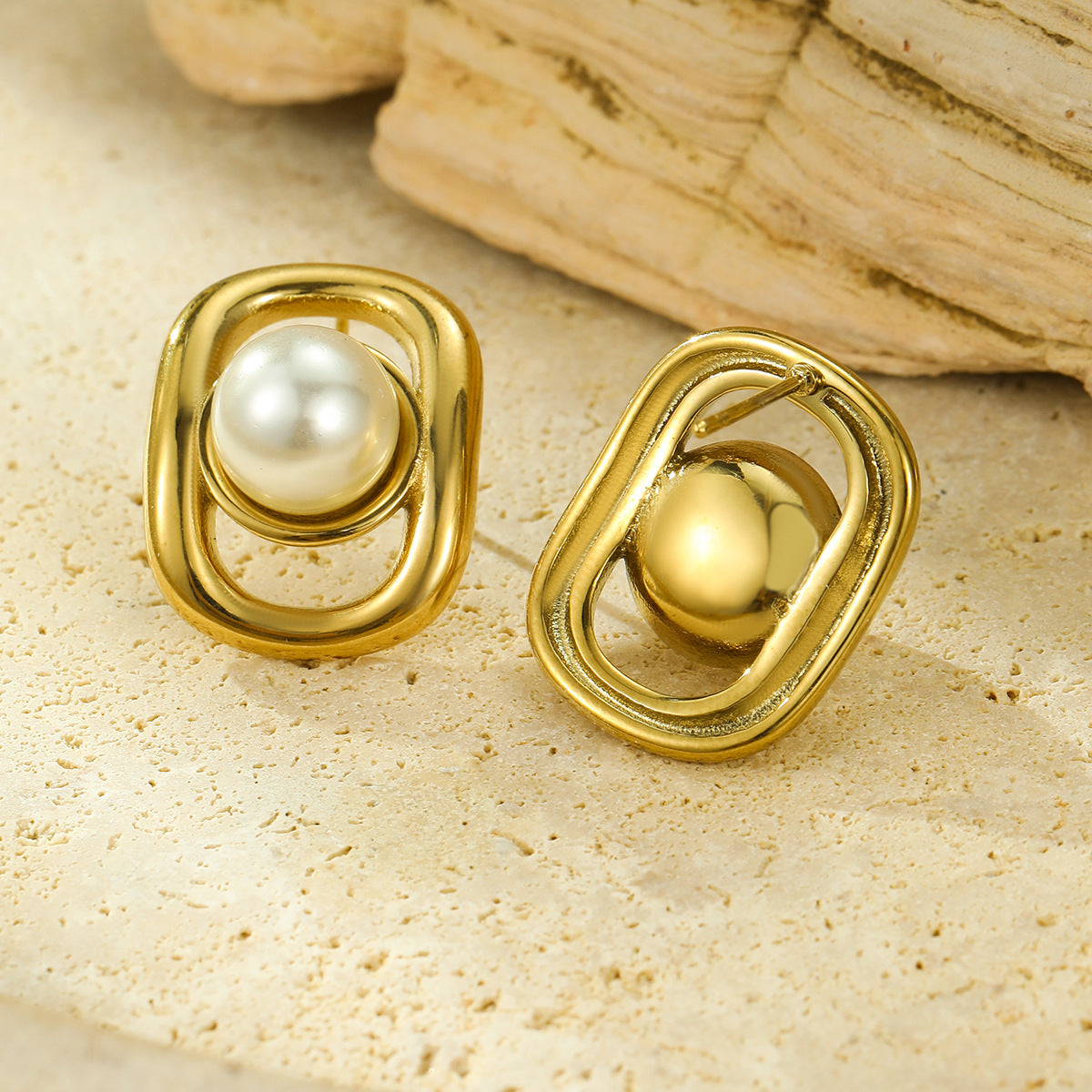 Orecchini da donna in acciaio inossidabile a forma quadrata geometrica minimalista con intarsio di perle
