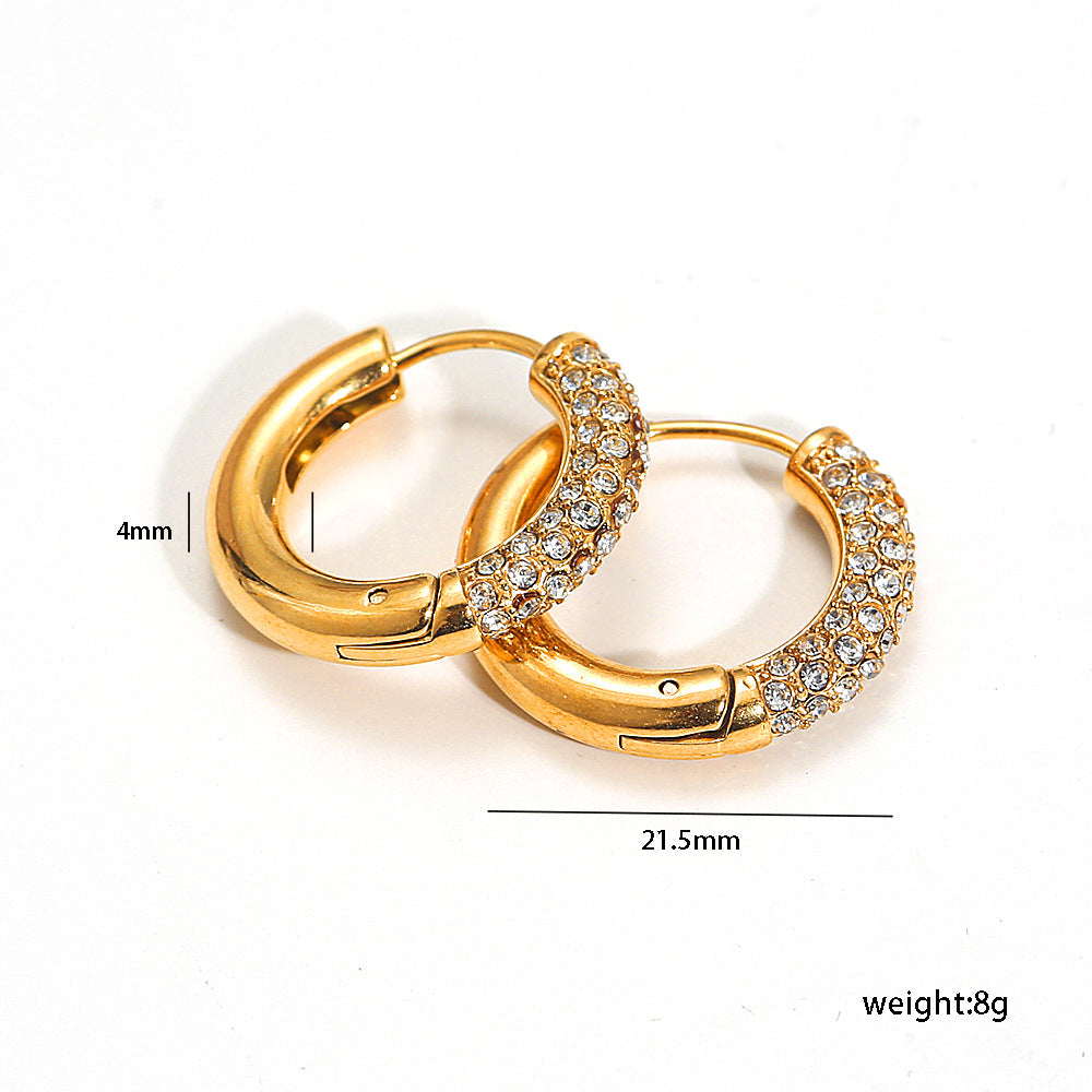 Orecchini a Cerchio Minimalisti Geometrici in Acciaio Inossidabile con Placcatura in Oro 18K e Intarsio di Diamanti da Donna