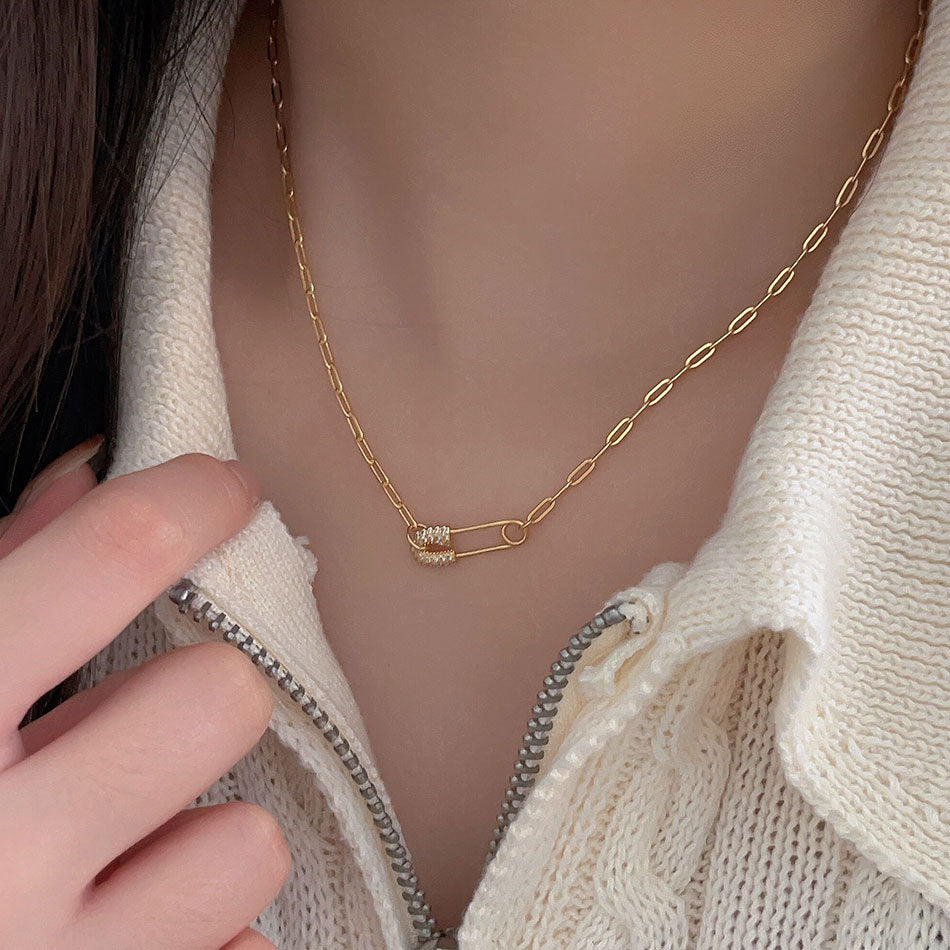 Collana da donna a spilla da balia geometrica placcata oro in argento sterling 925, stile minimalista