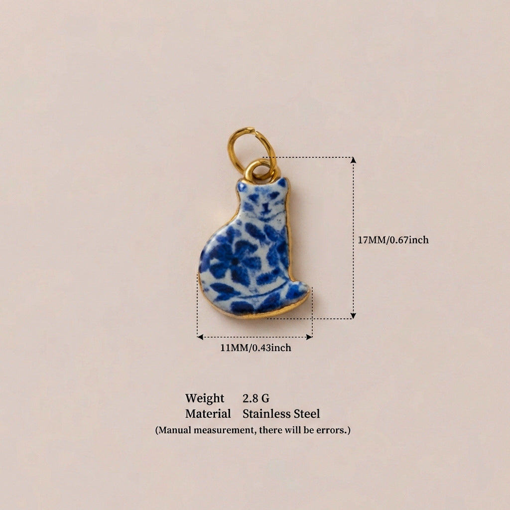 Cute Cat Cartoon Ceramic Drip Oil Plated Stainless Steel Charm Bar Pendant
