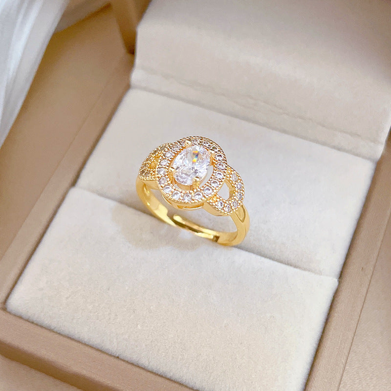 Minimalist Sweet Gold Plated Oval Rhinestone Adjustable Ring for Women
