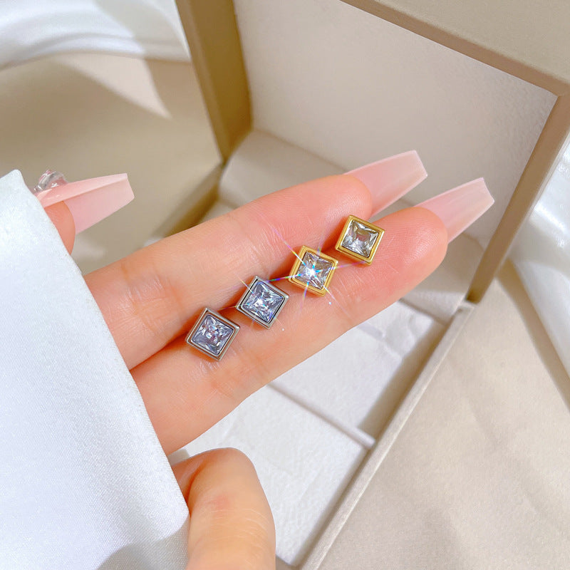 Minimalist Titanium Steel Geometric Stud Earrings with Rhinestone for Women