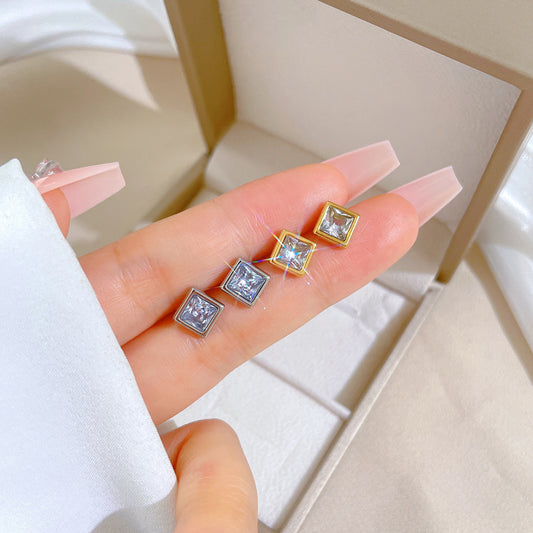 Minimalist Titanium Steel Geometric Stud Earrings with Rhinestone for Women