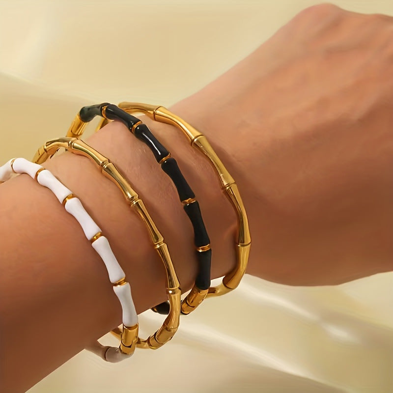 Minimalist 18K Gold Plated Drip Oil Geometric Bamboo Stainless Steel Bracelet