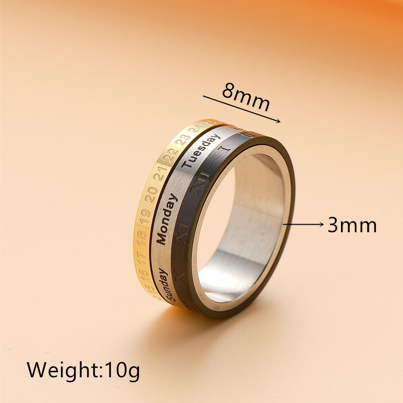 Titanium Steel Calendar Ring with Roman Numerals for Men and Women