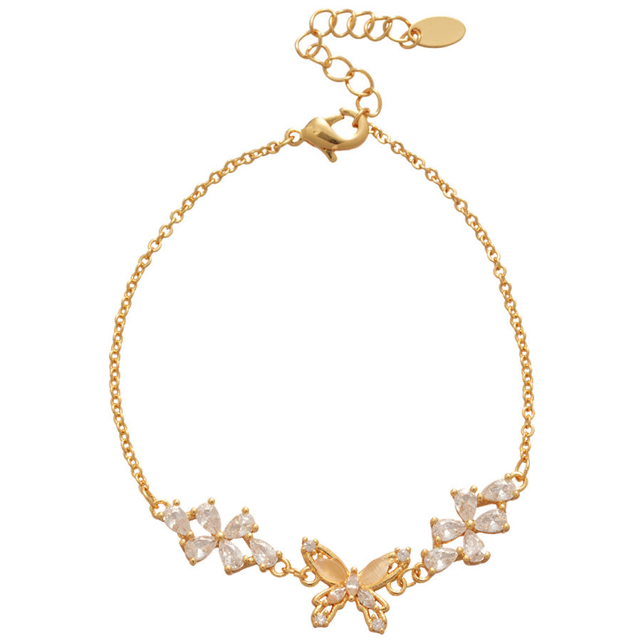 Bracciale da donna placcato oro 18 carati con zirconi a forma di farfalla in stile lusso