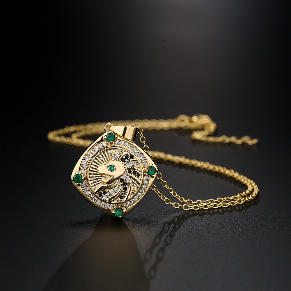 Rotatable Leopard Tiger Animal Totem Pendant Necklace in Copper with Real Gold Plating