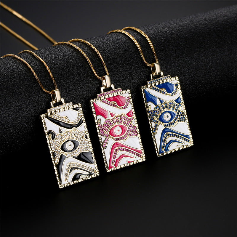 Geometric Square Brass Pendant Necklace with Micro-Inlaid Cubic Zirconia and Drip Oil Evil Eye Design on Box Chain