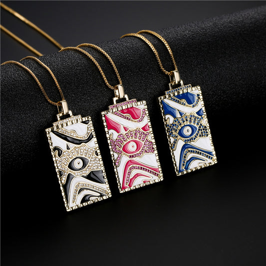 Geometric Square Brass Pendant Necklace with Micro-Inlaid Cubic Zirconia and Drip Oil Evil Eye Design on Box Chain