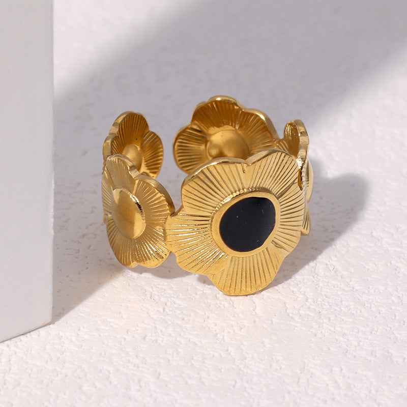 Anello aperto regolabile da donna a forma di fiore di crisantemo, in acciaio inossidabile placcato oro 18 carati, stile minimalista