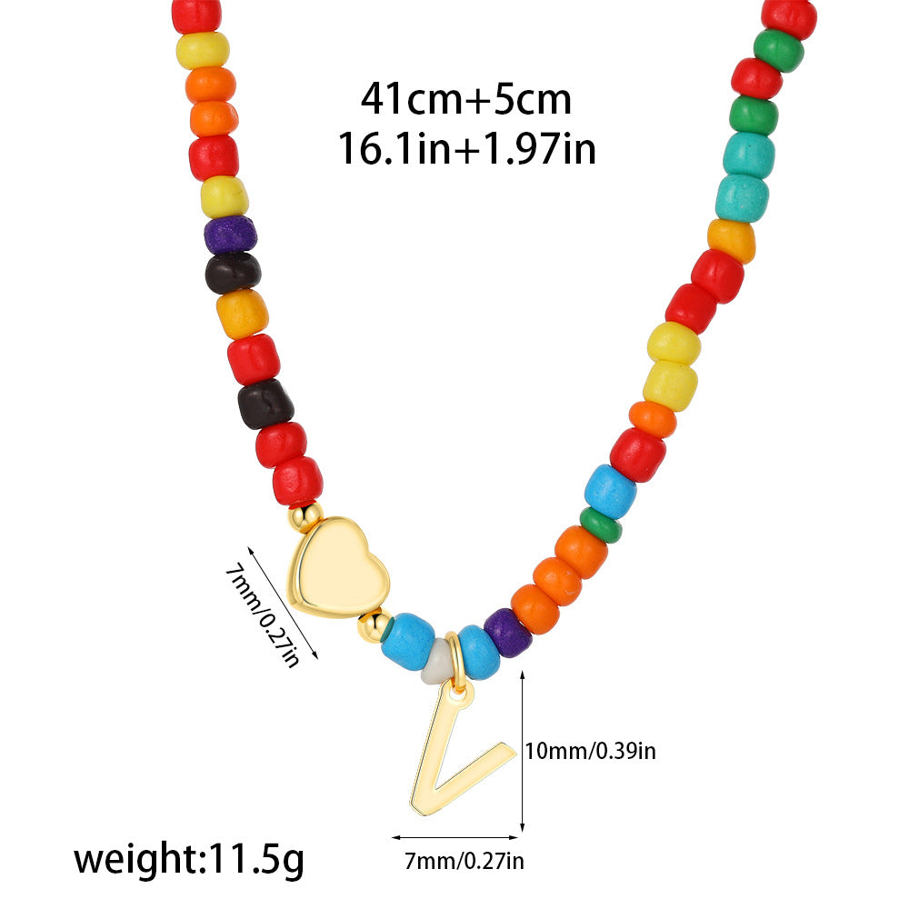 Collana Unisex Casual Placcata Oro 14K con Ciondolo a Cuore Lettera e Perline in Acciaio Inossidabile