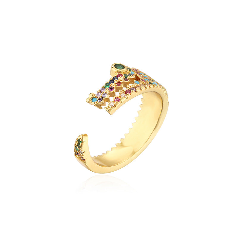 18K Gold Plated Geometric Brass Ring with Micro-Inlaid Cubic Zirconia for Women