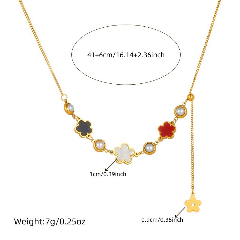 Fashion Office Stainless Steel Gold-plated Flower Pendant Necklace with Long Tassel Chain