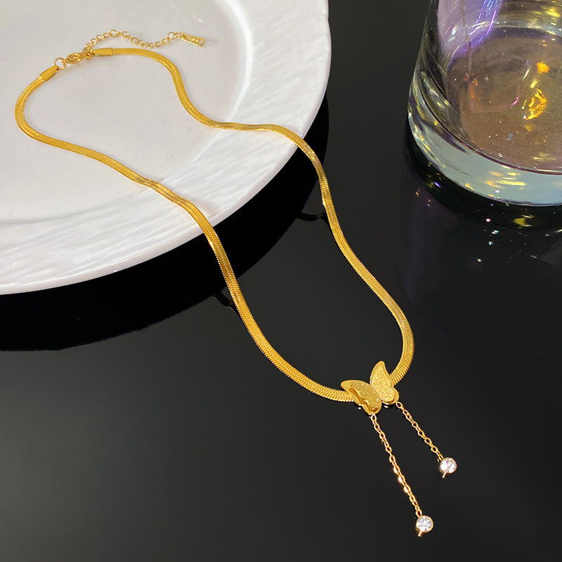 Sweet Streetwear Butterfly Titanium Steel Plated Pendant Necklace with Tassel Snake Chain