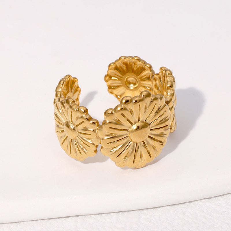 Anello aperto minimalista da donna in acciaio inossidabile placcato oro 18 carati con margherita