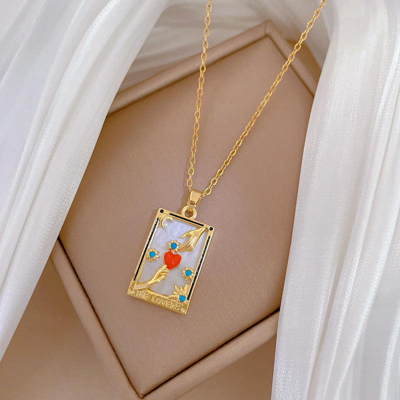 Minimalist Geometric Tarot Card Pendant Necklace in Titanium Steel with Hand-in-Hand Design and Moon Motif