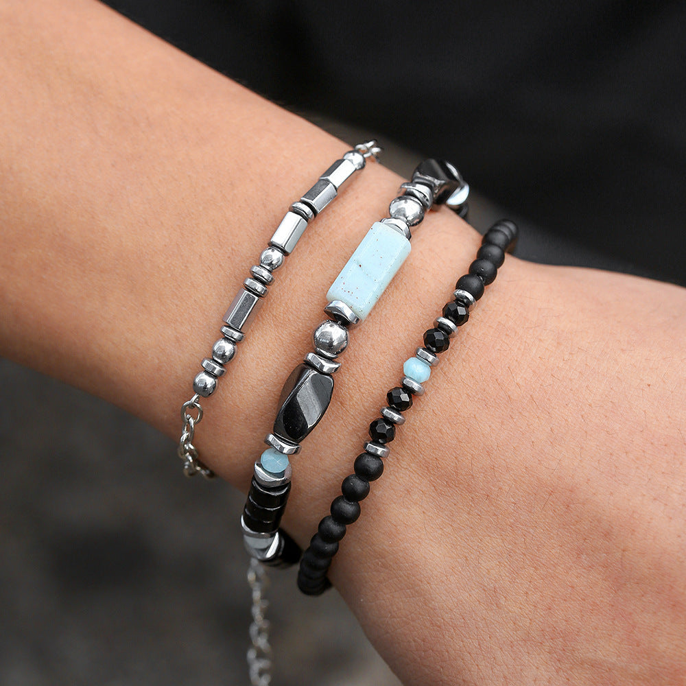 Minimalist Matte Black Agate and Wood Beaded Bracelet Geometric Adjustable Chain for Men and Women