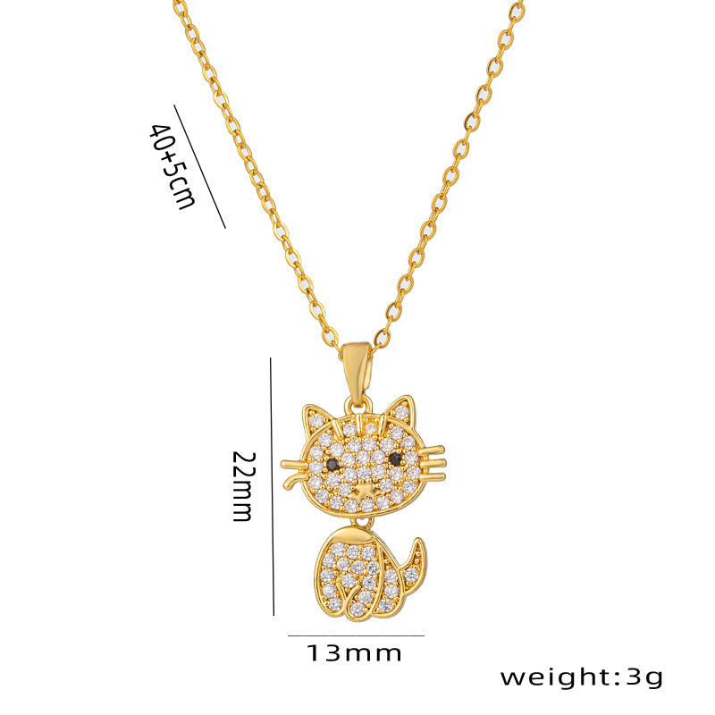 Collana pendente di lusso per gatti da donna con accenti di zirconi, corpo in acciaio al titanio, finitura in oro galvanizzato, catena a O, design a forma di animale