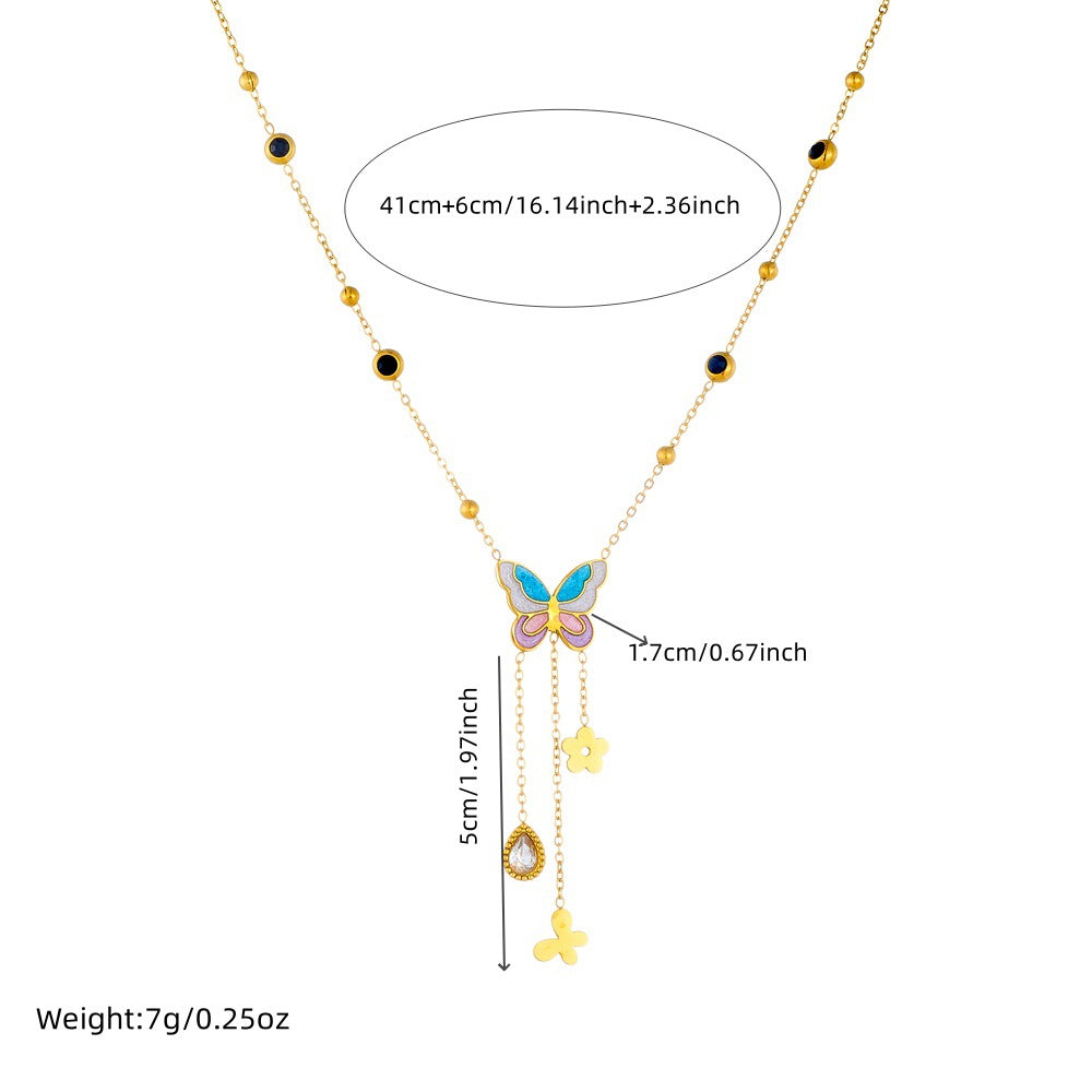Fashionable Butterfly-Shaped Enamel Pendant Necklace with Stainless Steel Chain and Fringe Detail for Women