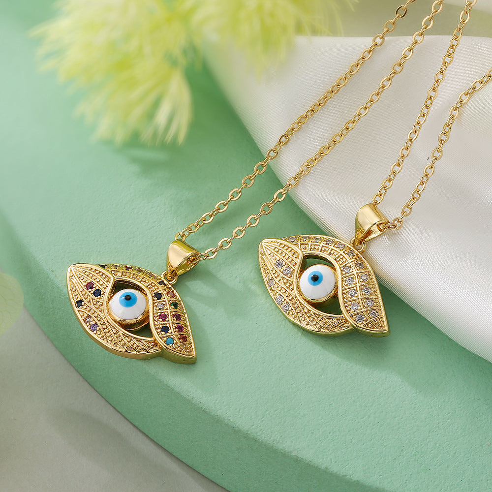 Bohemian Style Evil Eye Pendant Necklace for Women with Copper Base Plated in Real Gold and Enamel Finish Geometric Design
