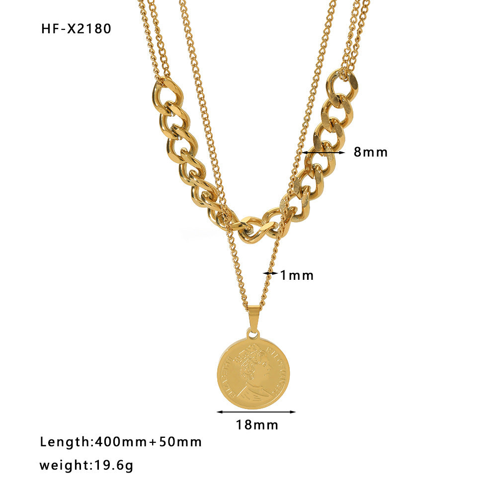 Minimalist Double-Layer Pendant Necklace with Circular Medallion Geometric Shape Titanium Steel Base and 18K Gold Plating for Women
