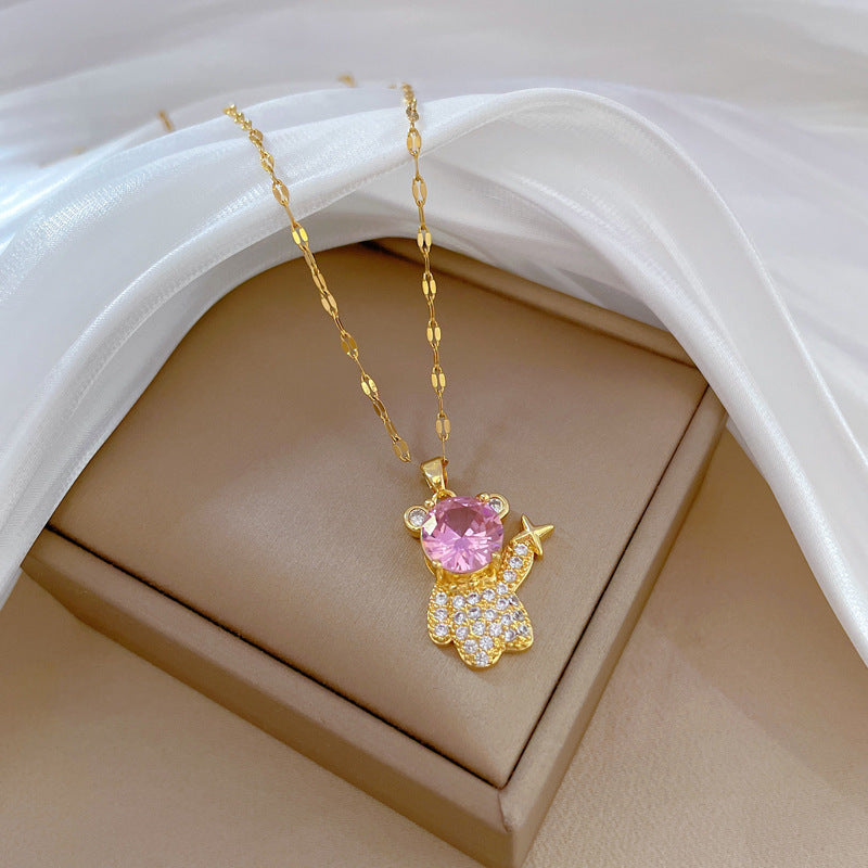 Minimalist Star and Bear Pendant Necklace for Women Stainless Steel Chain with Rhinestone Accents Lightweight Elegant Clavicle Chain