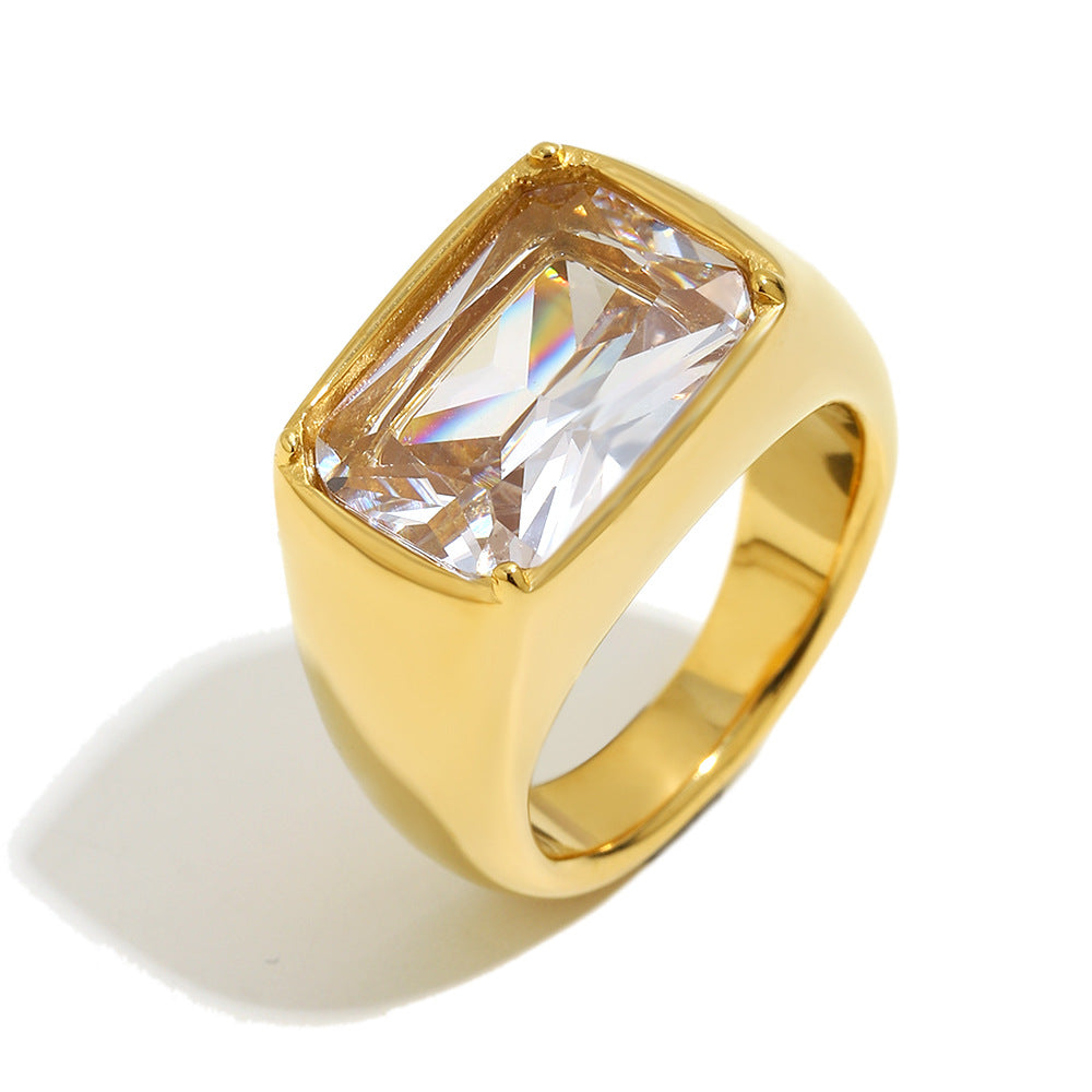Anillo de lujo minimalista chapado en oro de 18 quilates de acero inoxidable con circonita cuadrada geométrica para mujer