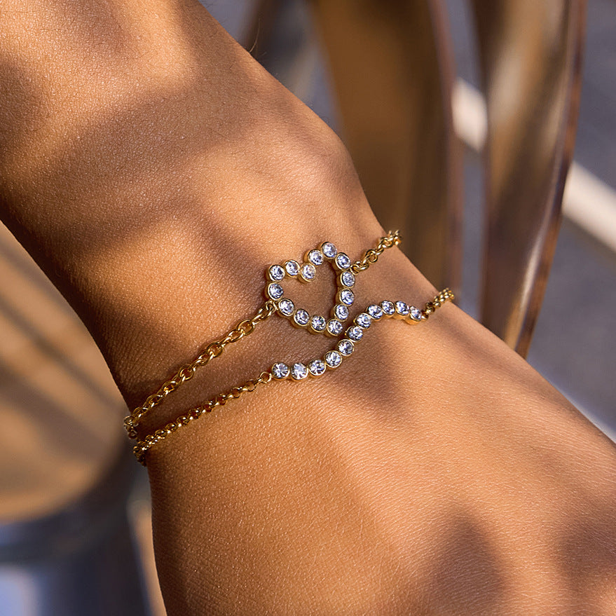 Elegant Minimalist Heart Geometric Rhinestone Plated Stainless Steel Bracelet for Women
