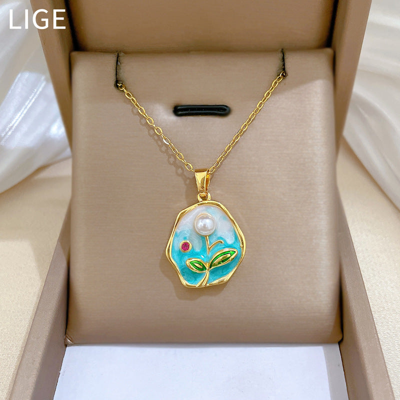 Minimalist Sweet Geometric Moon Rhinestone Pendant Necklace Titanium Steel Cable Chain for Unisex