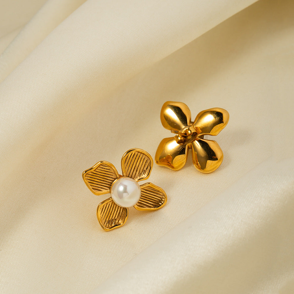 Trendy Geometric Flower Inlay Stainless Steel Earrings with Imitation Pearl 18K Gold Plated