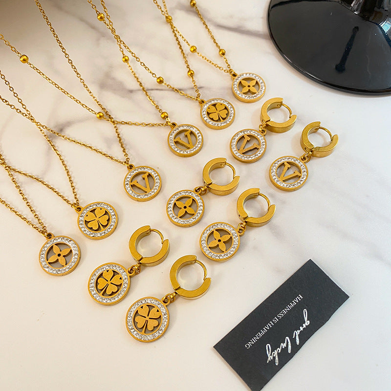 Gold Plated Titanium Steel Micro-Pave Diamond Hollow Round Geometric Necklace and Earring Set