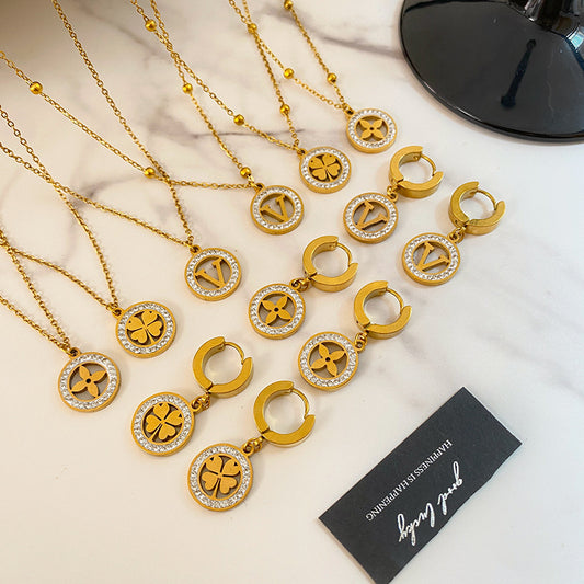 Gold Plated Titanium Steel Micro-Pave Diamond Hollow Round Geometric Necklace and Earring Set