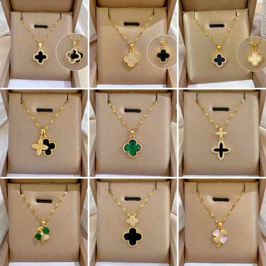 Cadena de clavícula minimalista geométrica de acero titanio con incrustaciones de diamantes de imitación y colgante de cobre