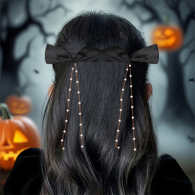 Natural Style Bow-Shaped Hair Clip for Girls with Tassel and Pearl Accents, Resin Plastic Duckbill Clamp for Halloween and Everyday Wear