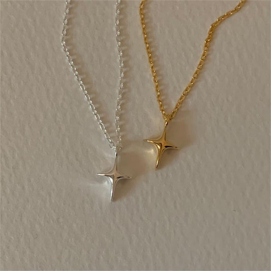 Minimalist Geometric Star Pendant Necklace in 925 Sterling Silver with Gold Plating, Delicate Cross Chain for Women