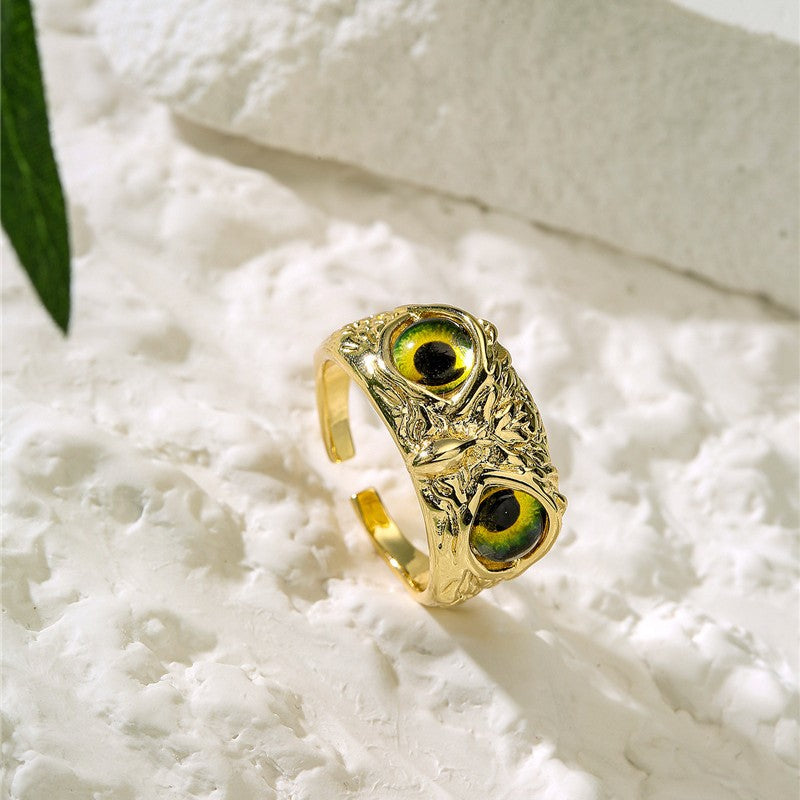 Vintage Bohemian 18K Gold Plated Brass Geometric Owl Ring for Women