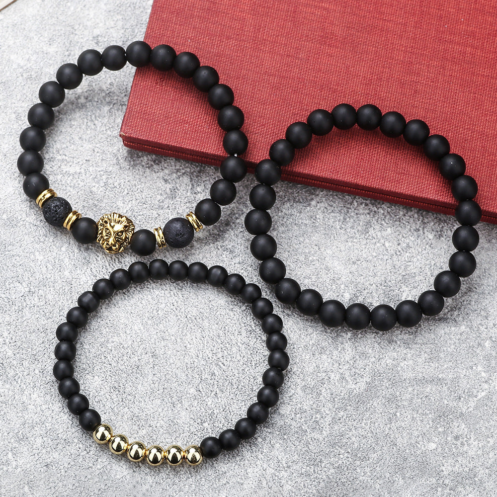 Matte Black Volcanic Stone Beaded Bracelet Set with Geometric Lion Head Charm