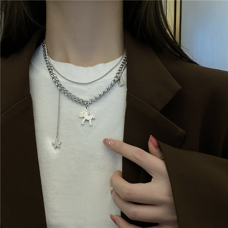 Minimalist Geometric Horse Pendant Necklace for Women Titanium Steel Water Wave Chain