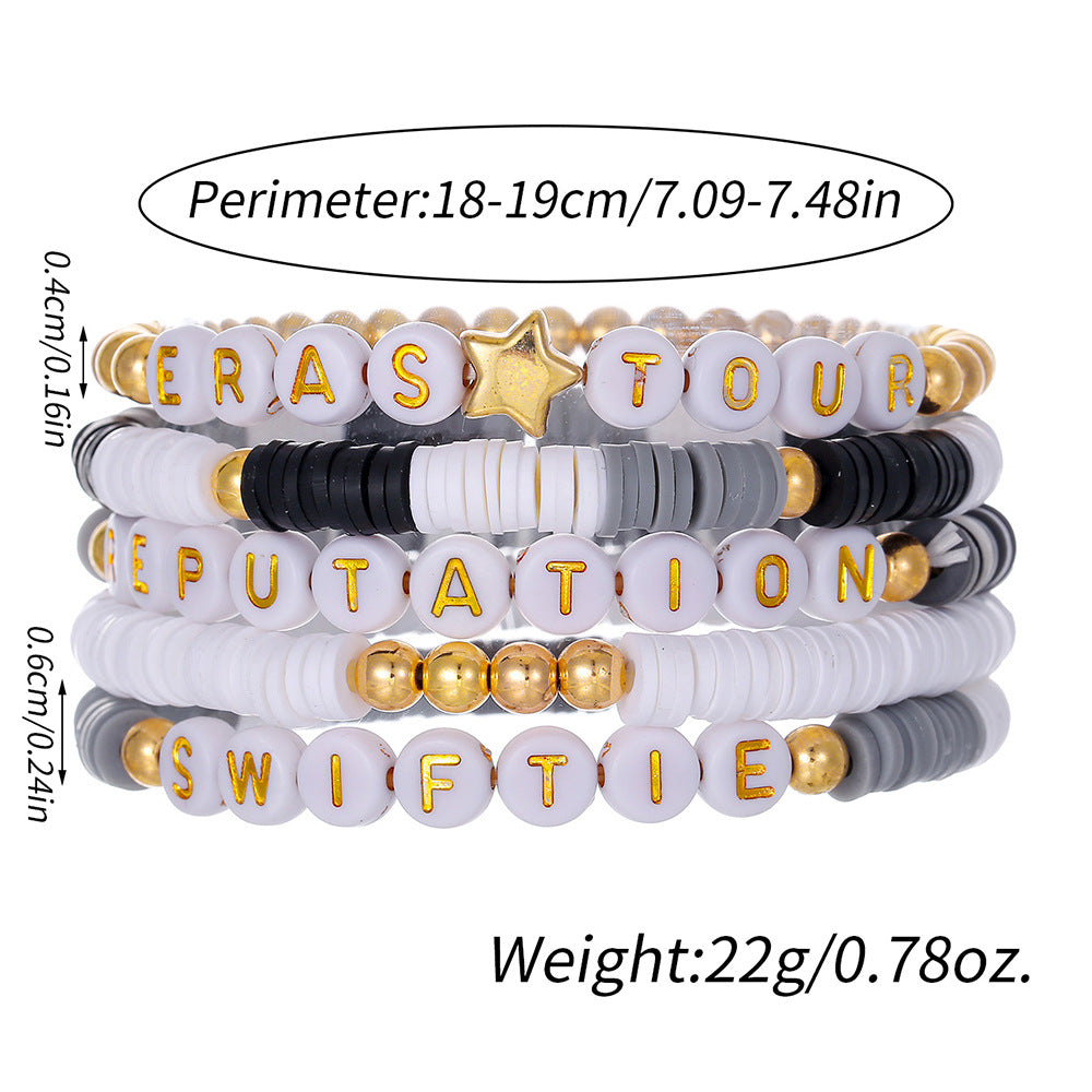 Bohemian Geometric Letter Resin and Stainless Steel Stretch Bracelet Set